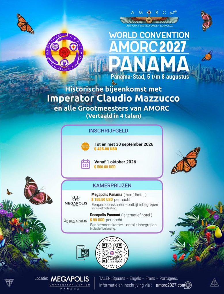 Affiche AMORC-Wereldconvent 2027 in Panama-Stad, 5 t/m 8 augustus: inschrijfgeld en kamerprijzen
